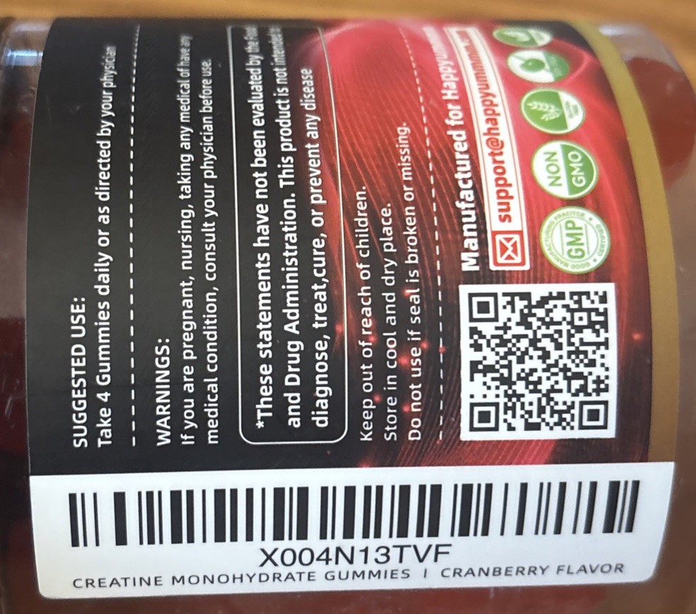 3x 120ct Happyummmm Creatine Monohydrate 360ct Gummies Cherry, Cranberry, Raspbe