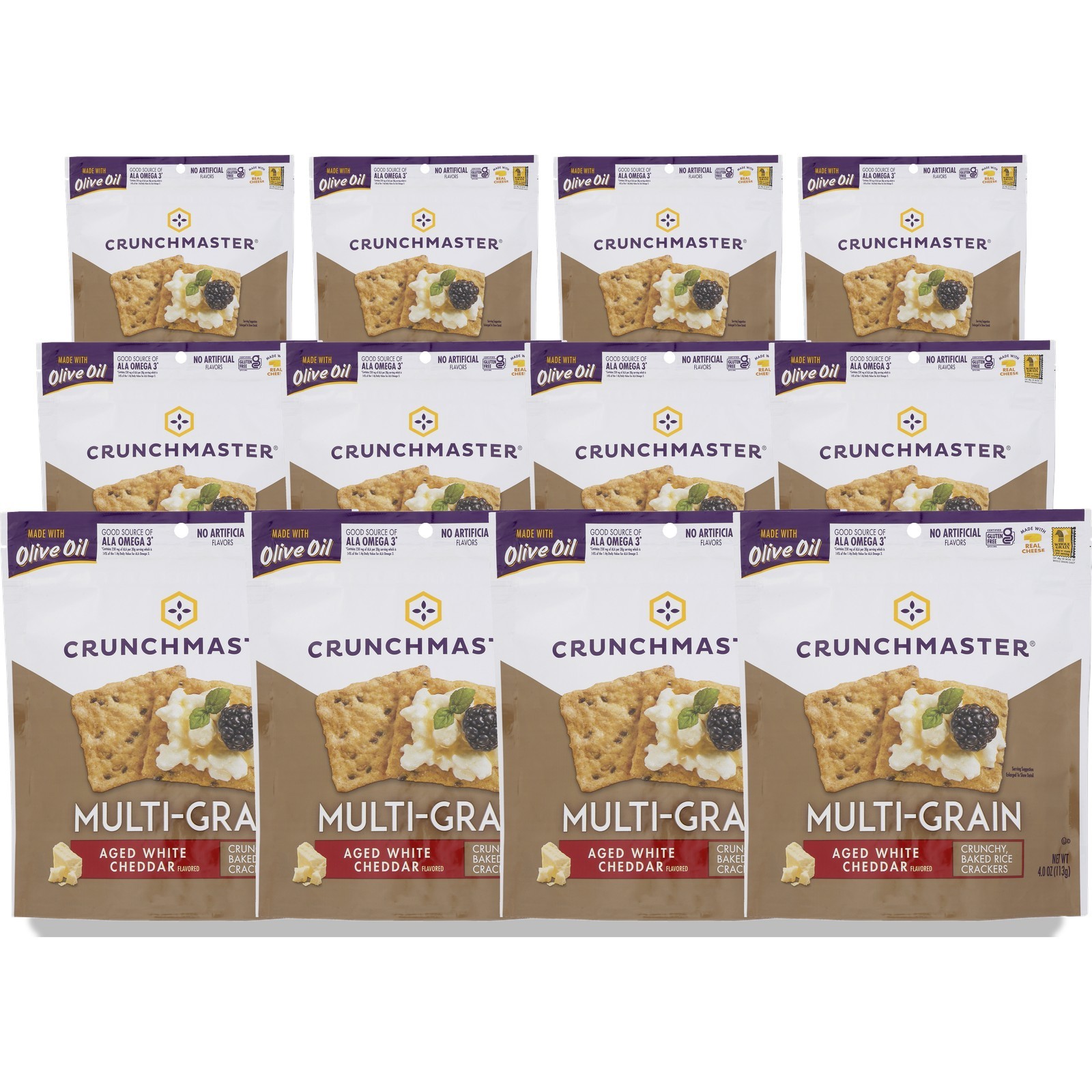 Crunchmaster Multi Grain Rice Crackers Aged White Cheddar Flavor 4 Oz 12 Pack