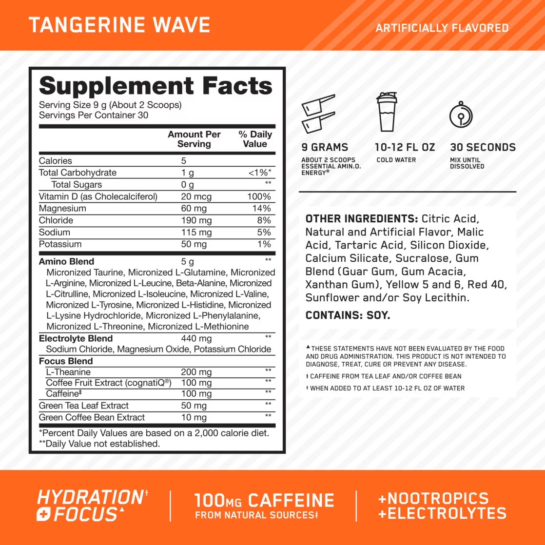Essential Amino Energy Powder plus Hydration, Tangerine Wave, with BCAA, Electro