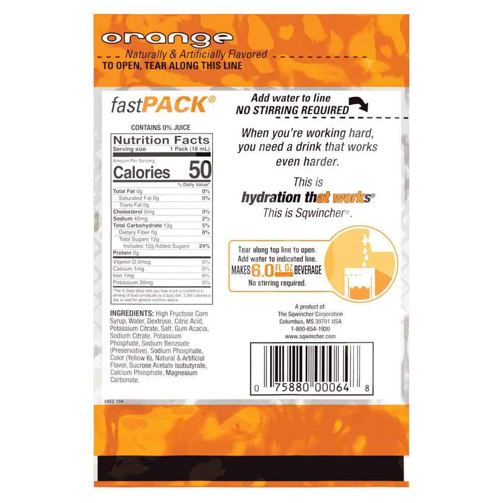 50 Count Sqwincher FastPack Orange Activity Drink Liquid Concentrate Packets