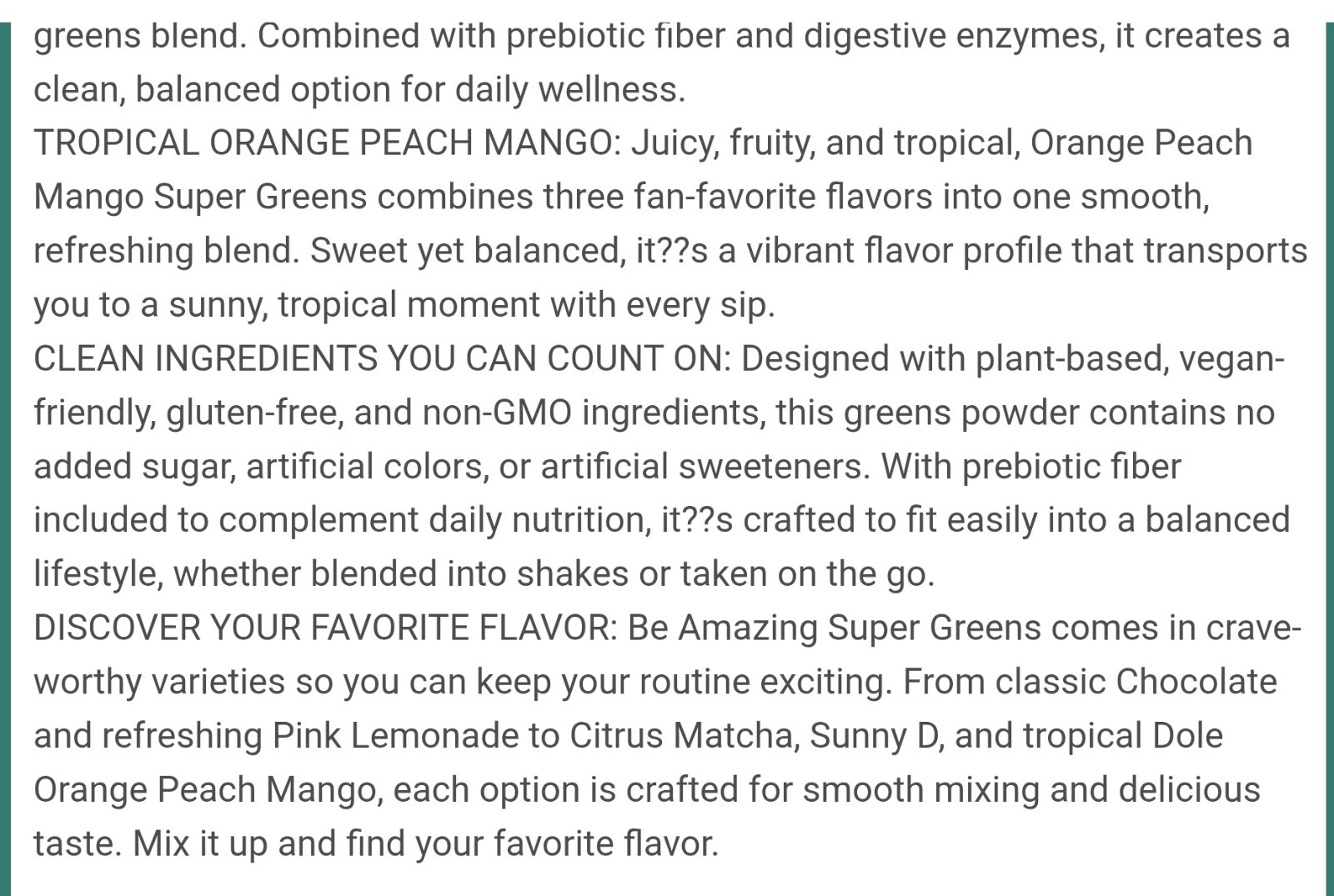 BE Amazing SUPER GREENS 11 oz (25 Serv) Natural Orange Peach Mango BESTBY 10/26