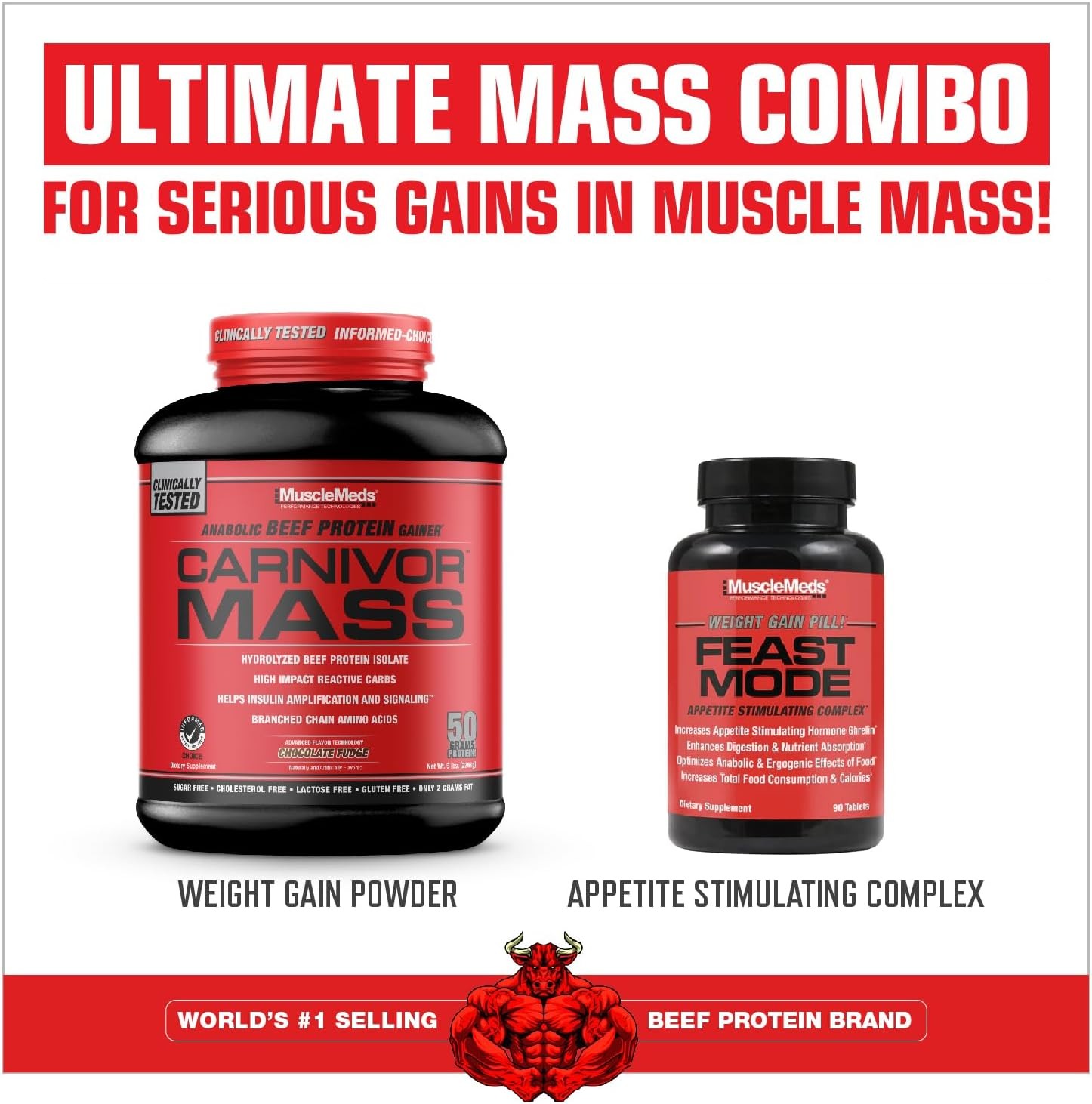 MuscleMeds CARNIVOR Mass Gainer Beef Protein Isolate Shake, 50 Grams Protein, 12