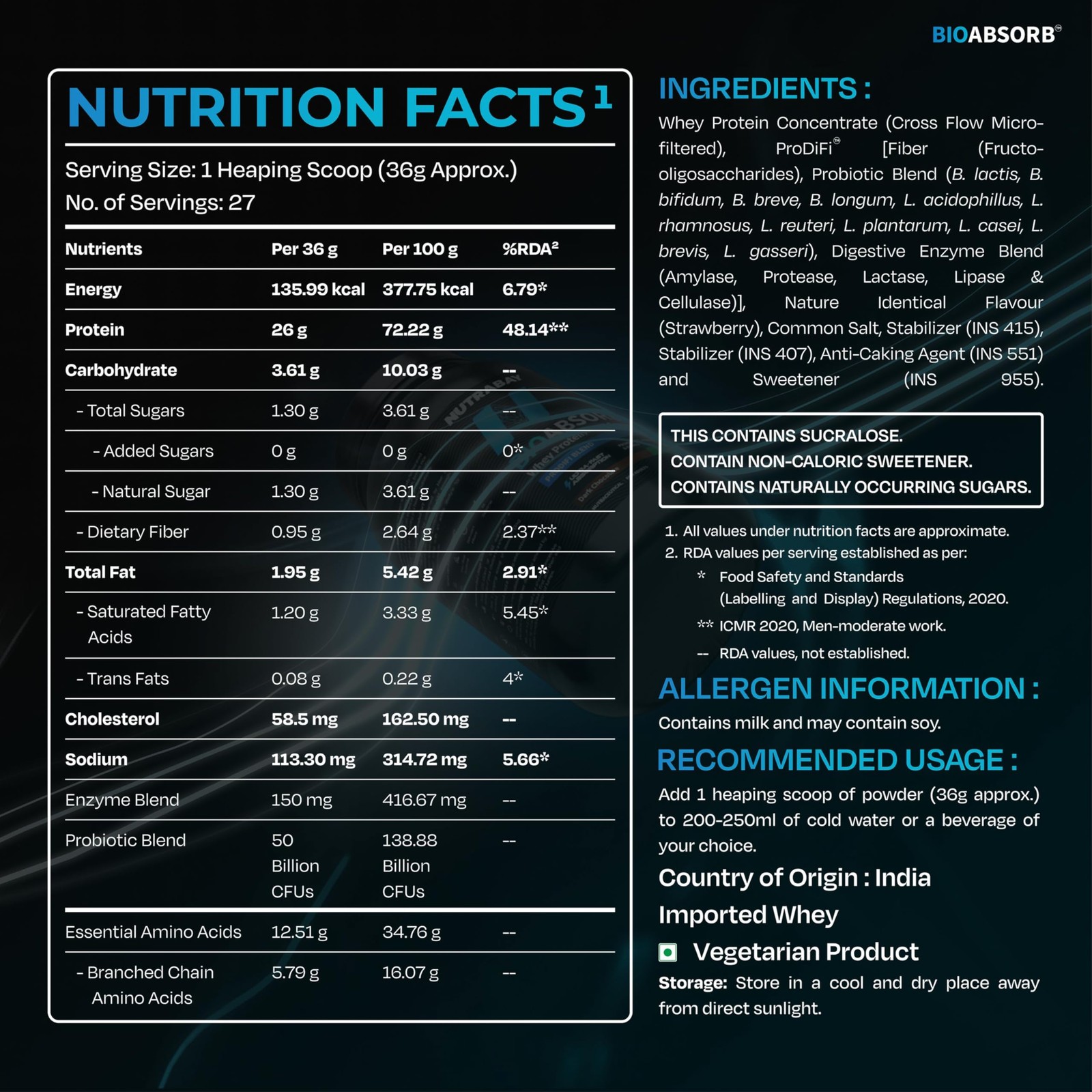 Nutrabay BioAbsorb Whey 1kg | 26g Protein Strawberry