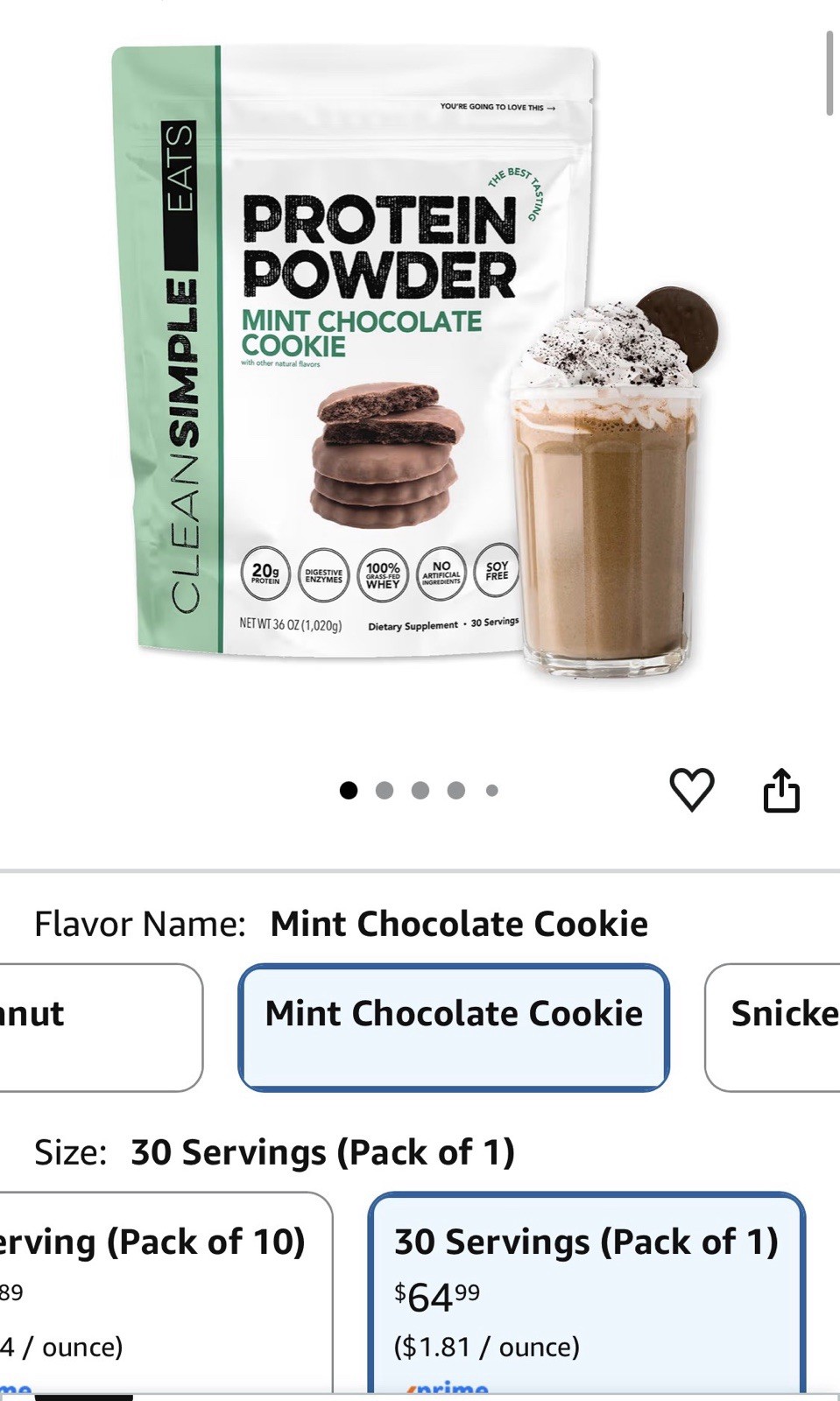 Clean Simple Eats Whey Protein Powder 20 Grams Protein 30 Srvs-Mint Chocolate