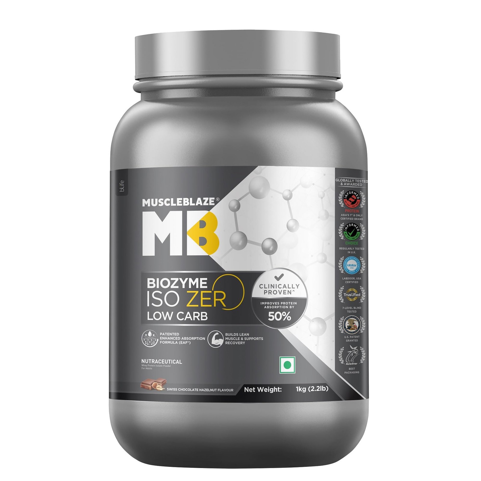 MuscleBlaze Biozyme Iso-Zero 1Kg Swiss Choc Hazelnut | 26.4g Protein