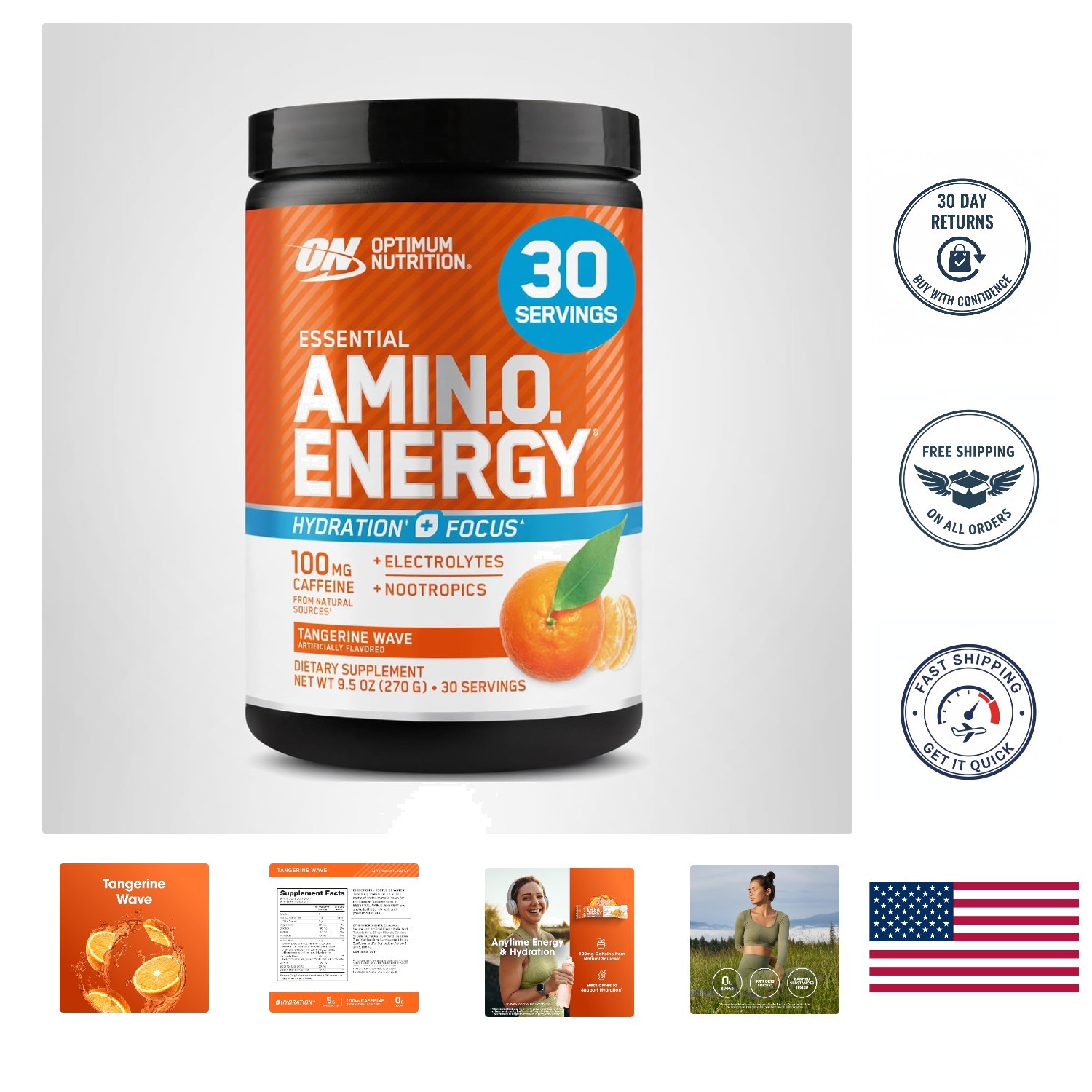 Banned Substance Tested Amino Energy + Electrolytes, 7 Count Tangerine Packs