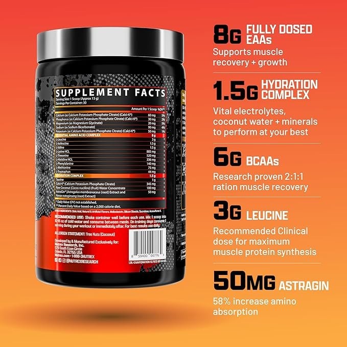 Nutrex Research EAA Hydration Powder EAAs BCAAs Electrolytes 30 Servings