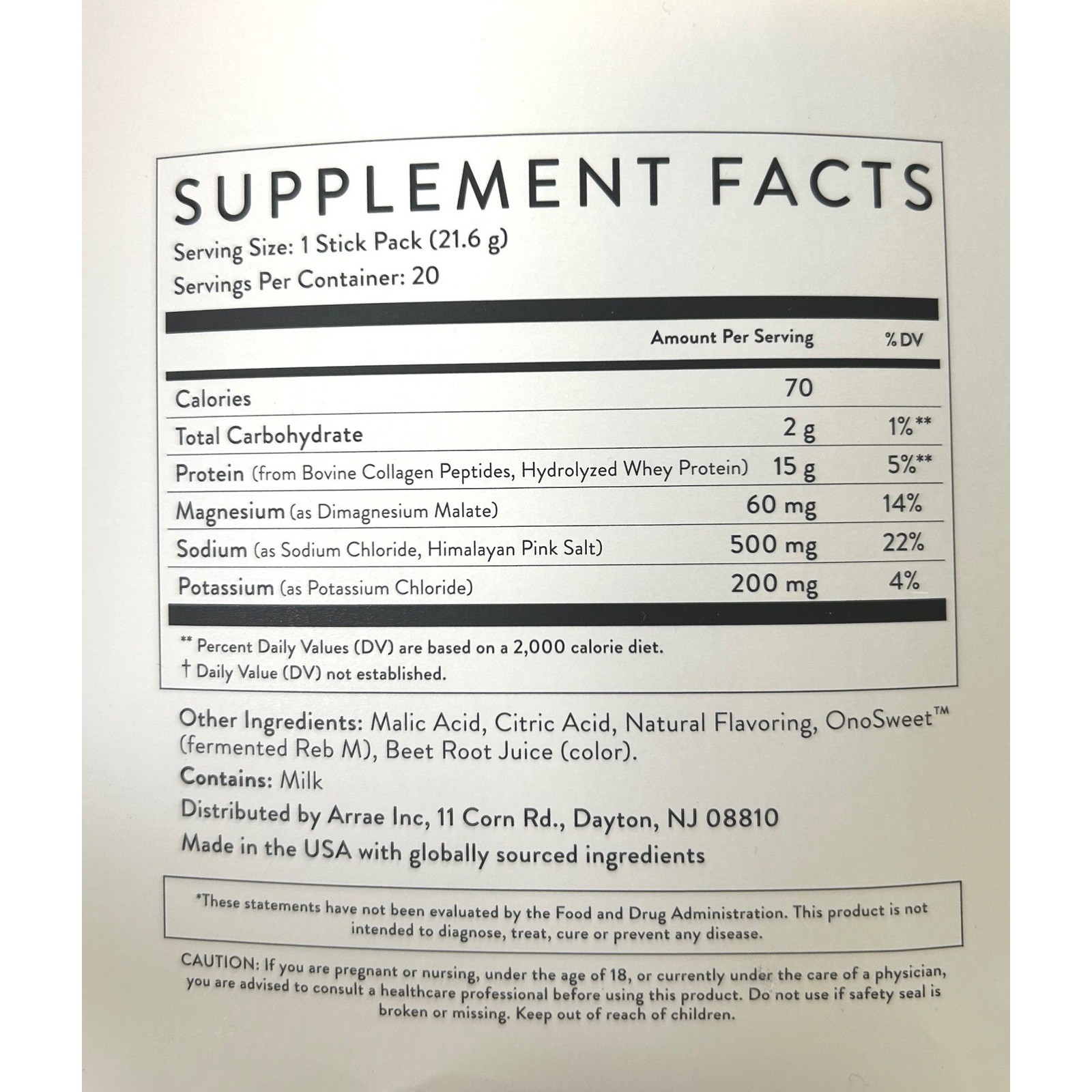Arrae Clear Protein+ Raspberry Yuzu 19 Stick Packs New Grass-Fed Electrolytes