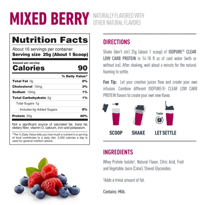 Isopure Clear Low Carb 100% Whey Protein Isolate Powder, Mixed Berry,32 Servings