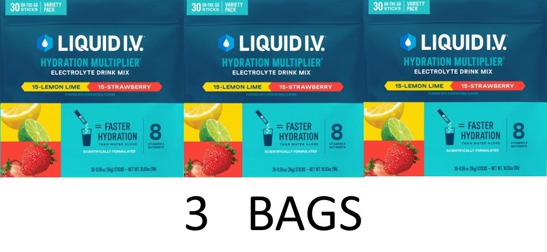 Liquid IV Hydration Multiplier Electrolyte STRAWBERRY LEMON LIME 30 Pkts 3 BAGS