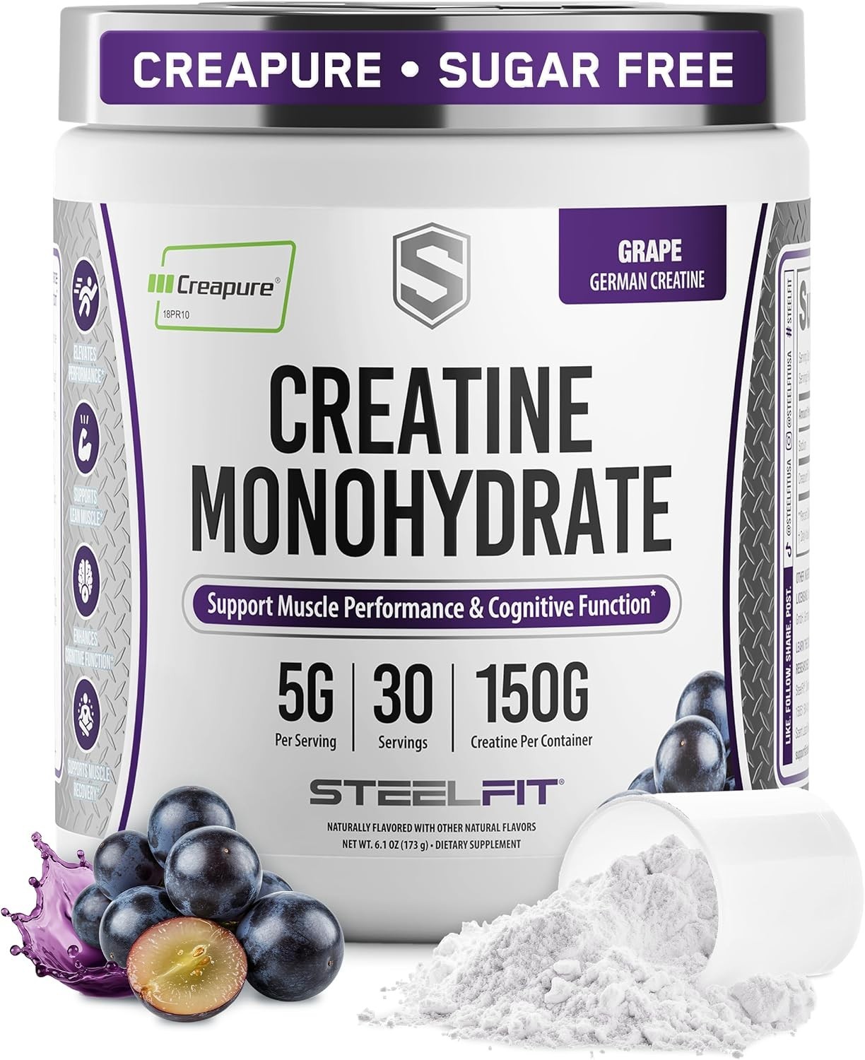 SteelFit Creapure Pure Creatine Monohydrate Powder, Grape, Made in the USA, 150g