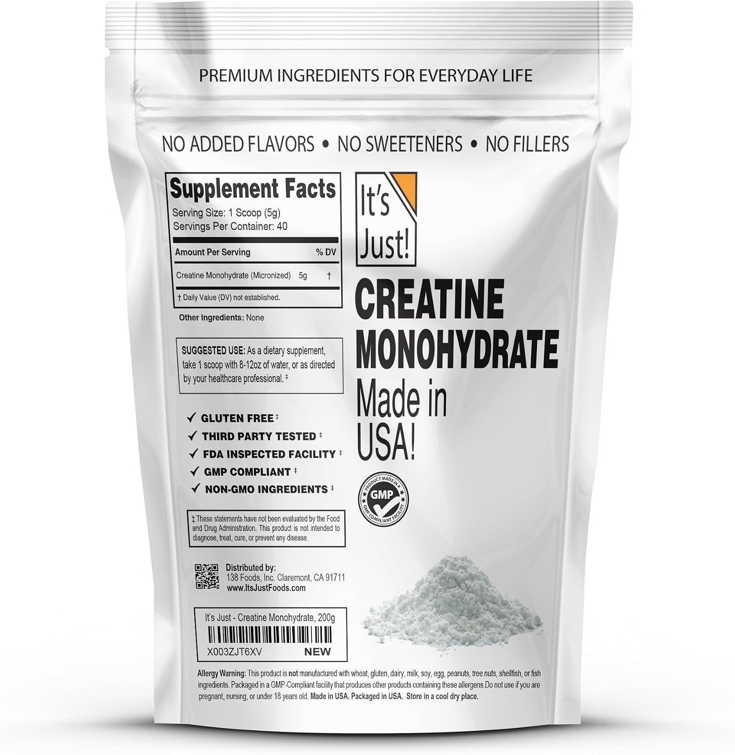 Creatine Monohydrate Powder 200g Unflavored 40 Servings Pure Made in USA 5g