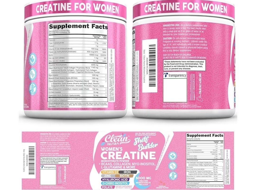 Clean Nutra Women’s Creatine Powder + BCAAs Collagen Tropical Orange 9.48oz