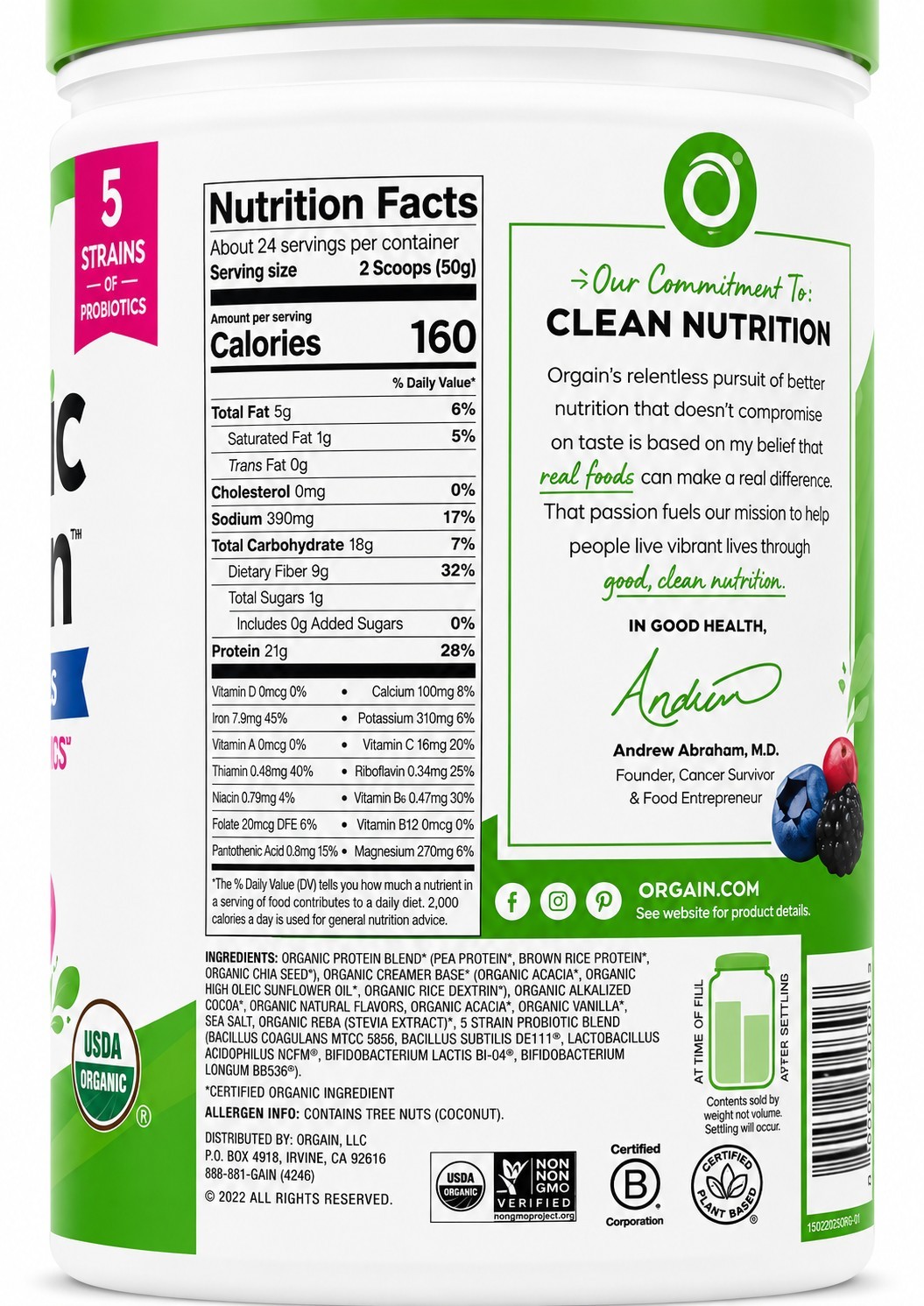Orgain Plant-Based Protein Powder Vegan USDA Organic Creamy Choc Fudge & Vanil