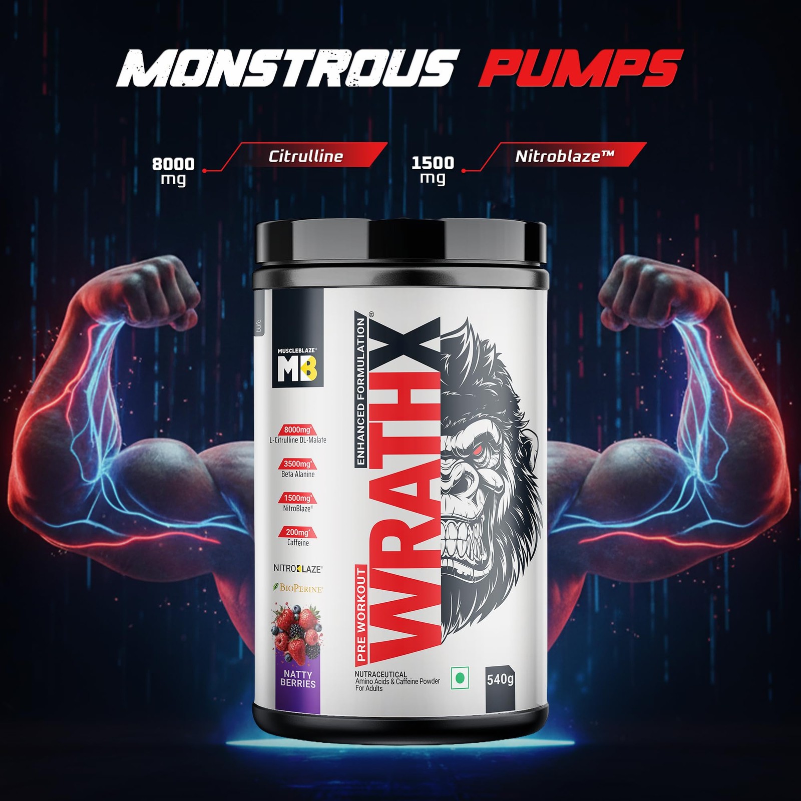 MuscleBlaze WrathX Pre Workout Powder 540g – Natty Berries, Creapure, NitroBlaze