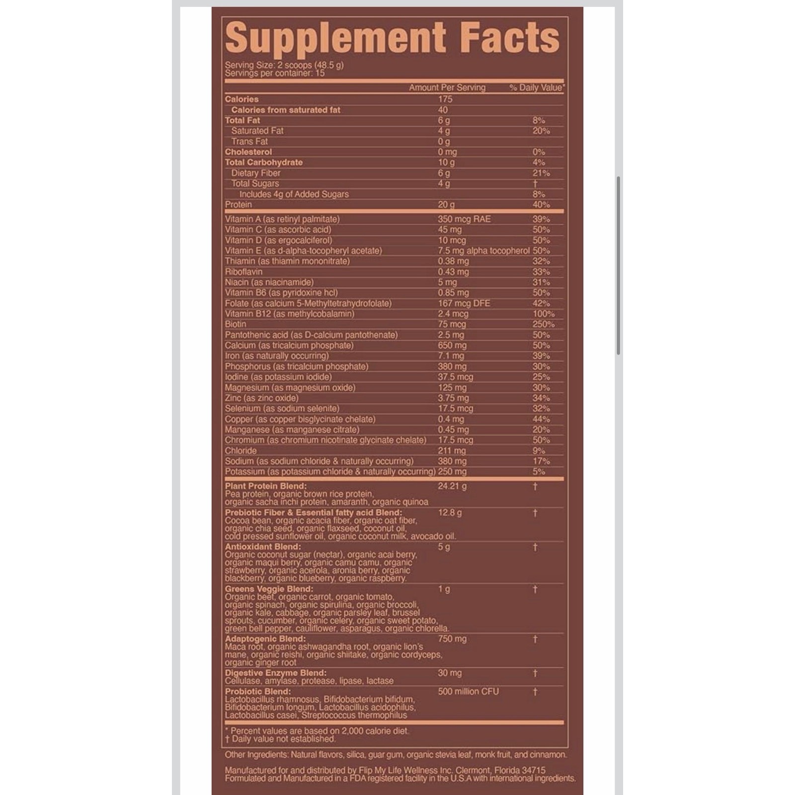 Flip 7 Superfood Meal Replacement Chocolate Courage 15 Serving Vegan Protein New