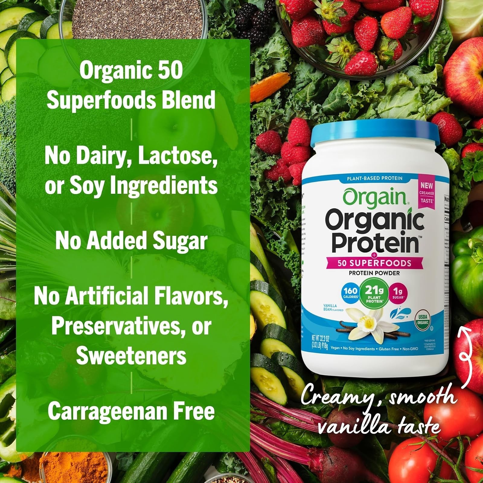 Orgain Organic Vegan Protein Powder 21g Protein Vanilla 50 Superfoods 2.02 lb