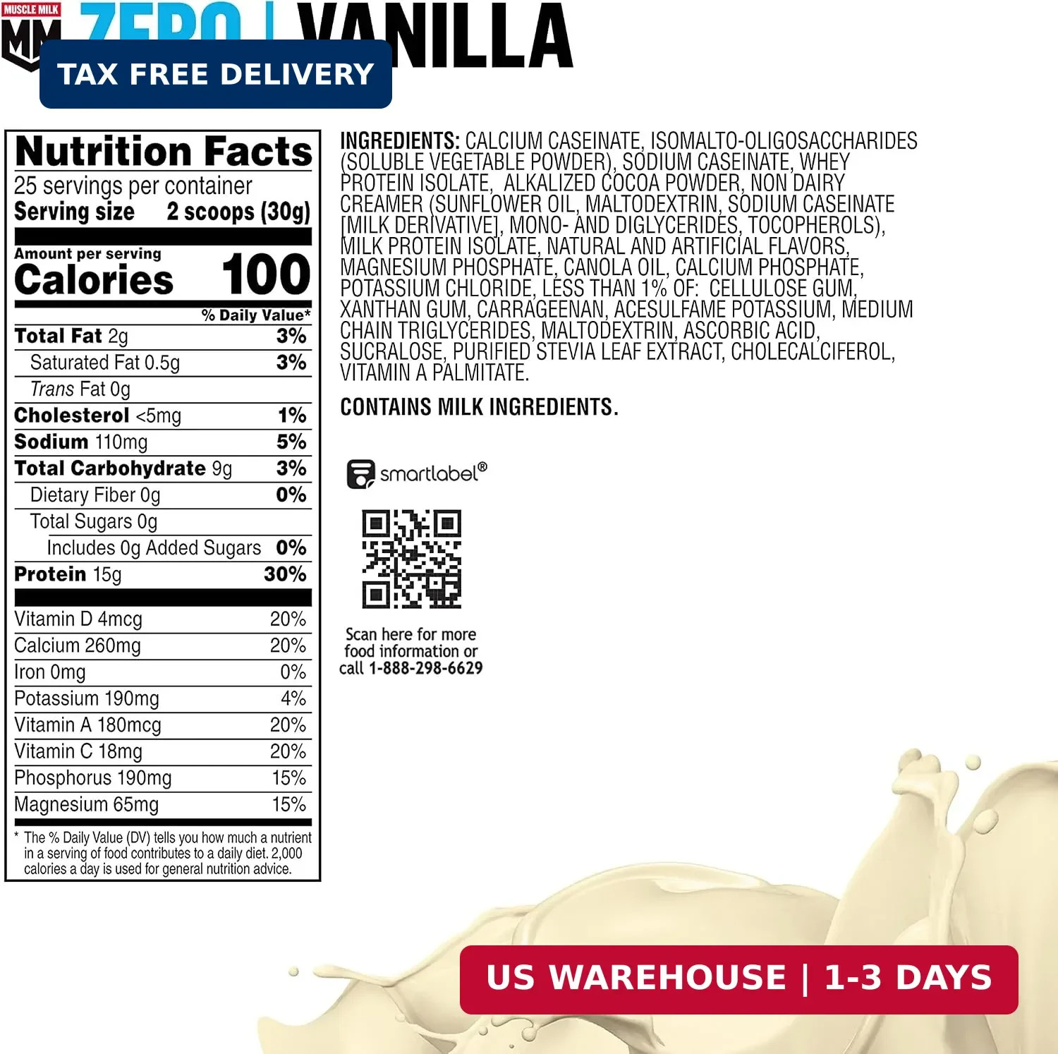 Muscle Milk ZERO, 100 Calorie Protein Powder, Vanilla, 15g Protein, 1.65 Pound,