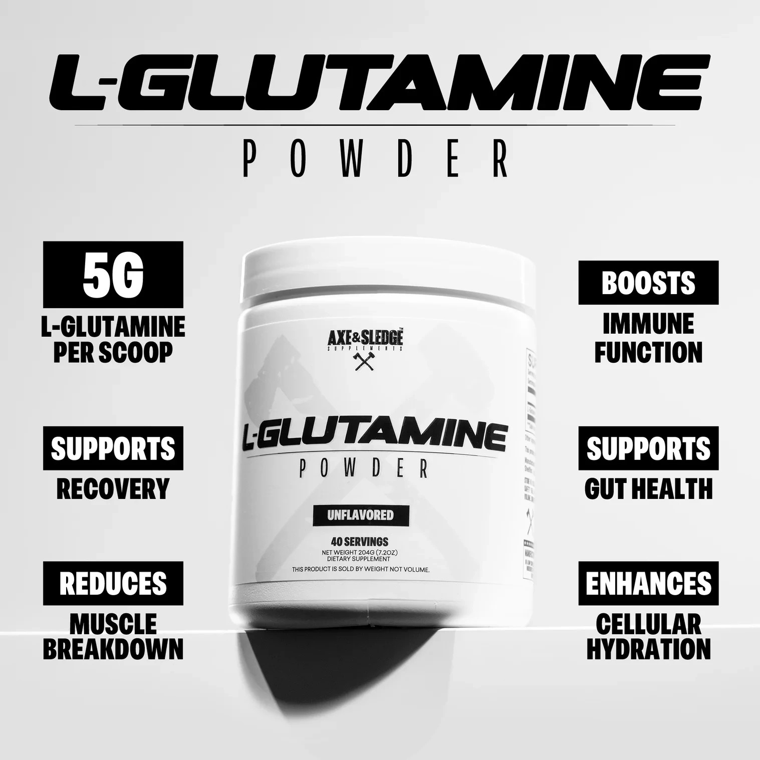 Axe & Sledge L-Glutamine Powder Muscle Recovery & Repair Unflavored 204g 40svgs