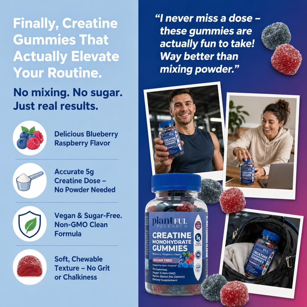 Creatine Monohydrate Gummies Sugar Free – 5g Creatine Per Serving – Blueberry…