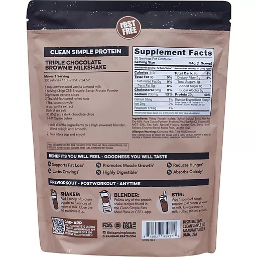 Clean Simple Eats Protein Powder Chocolate Brownie Batter 36oz 20g protein