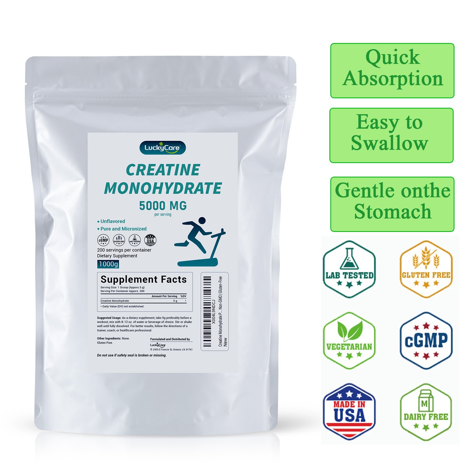 Pure Micronized Creatine Monohydrate 2.2lbs, Unflavored 200 Servings 5g Each