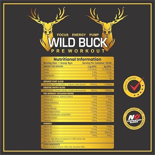 WILD BUCK Ultra Focus Advanced Pre Workout with L-Arginine, L-Citrulline, Creati