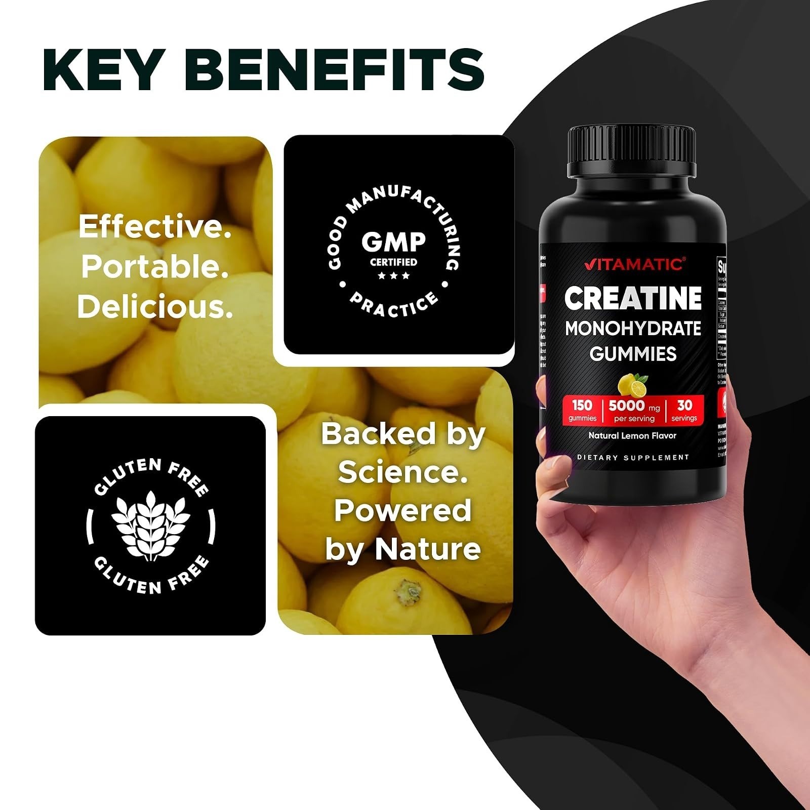 Vitamatic Creatine Gummies 5000mg – Lemon Flavor – 150 Count