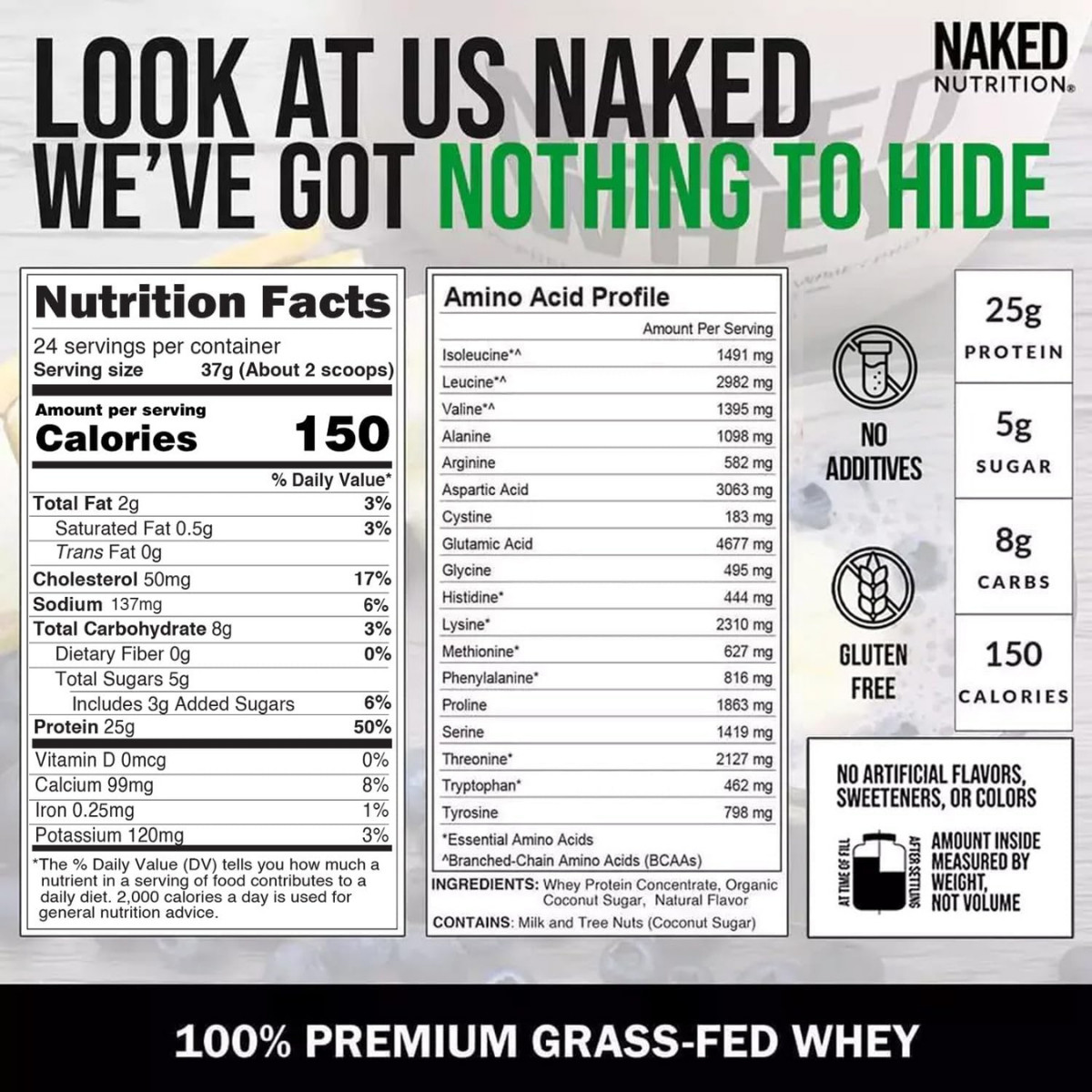 NAKED Whey Vanilla Protein Powder, Grass-Fed, 24 Servings