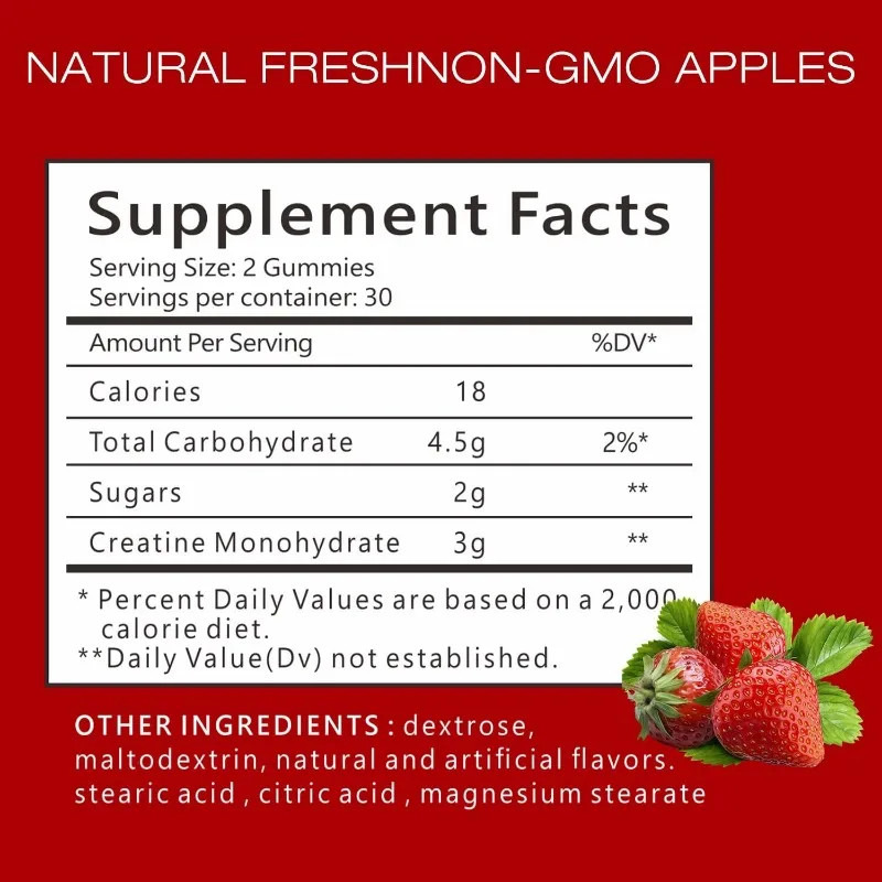 Gommes créatine monohydrate 3g saveur fraise vegan vitamine B12 60 pcs