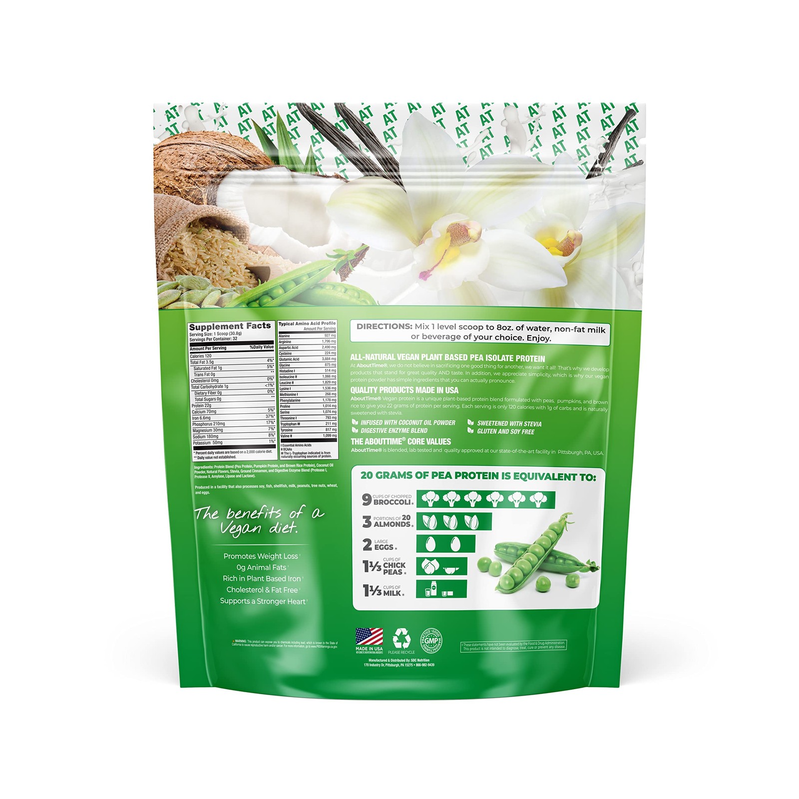 About Time Vegan Protein Powder, 22g Vanilla, Natural, Non-GMO, Plant-Based