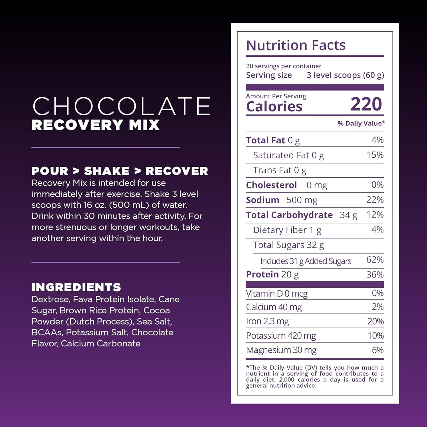 Recovery Mix, 20 Grams Complete Protein, Carbohydrates, and Electrolytes Powder