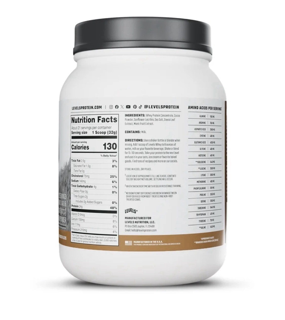 Levels Grass Fed Whey Protein Powder Zero Artificials Double Chocolate