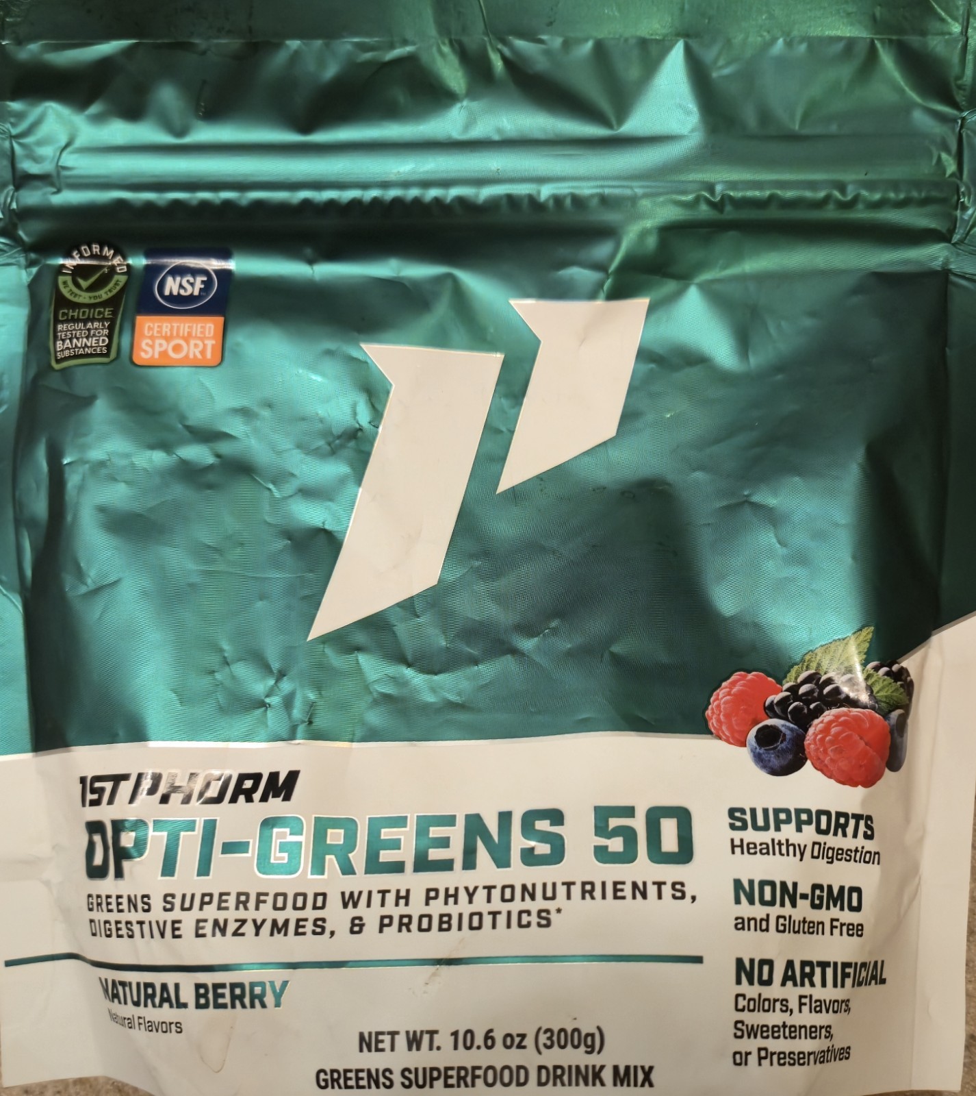 1st Phorm OPTI-GREENS 50 Powder 11 oz ( 30 Serv) Natural Berry Flavor BY 11/26