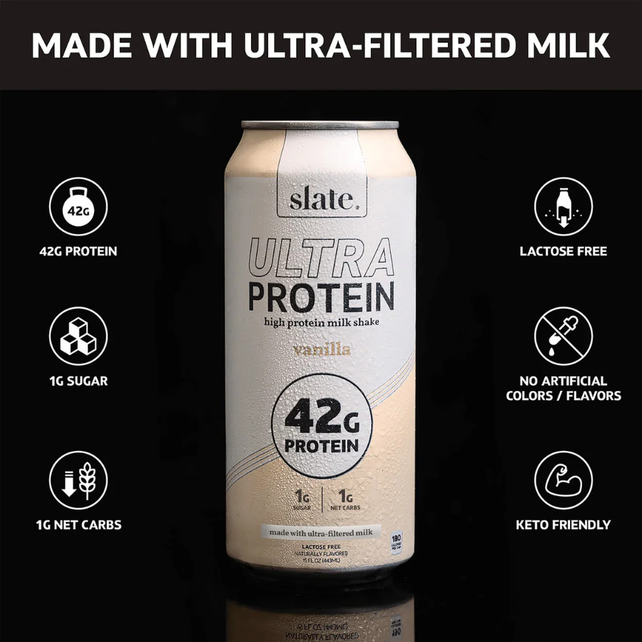 Slate 42G Ultra Protein Shakes – Breakfast Boost, Vanilla (15 fl oz), 12 Cans