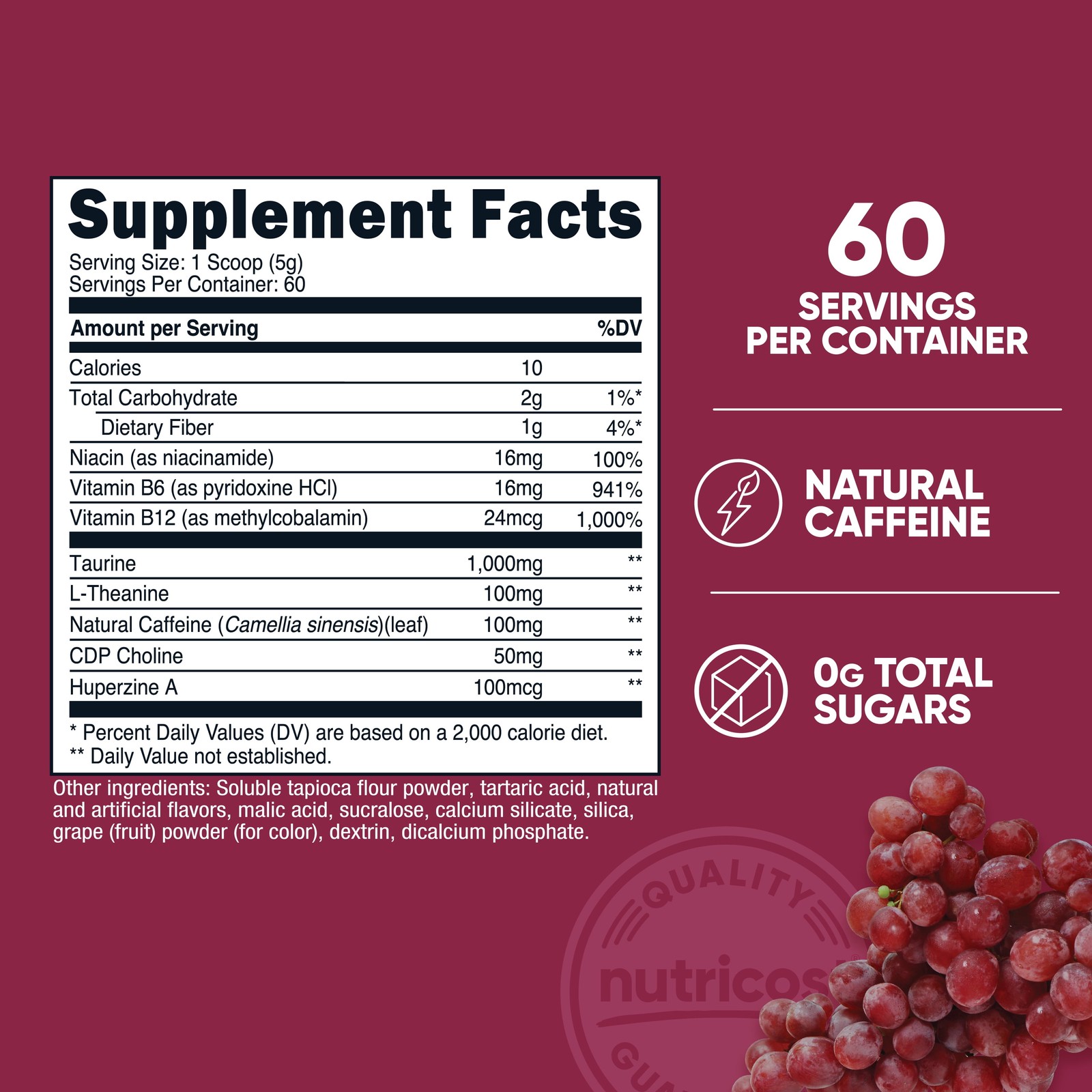 Nutricost Energy Drink Powder (Grape) (60 SERV) – Pre Workout Supplement with Na