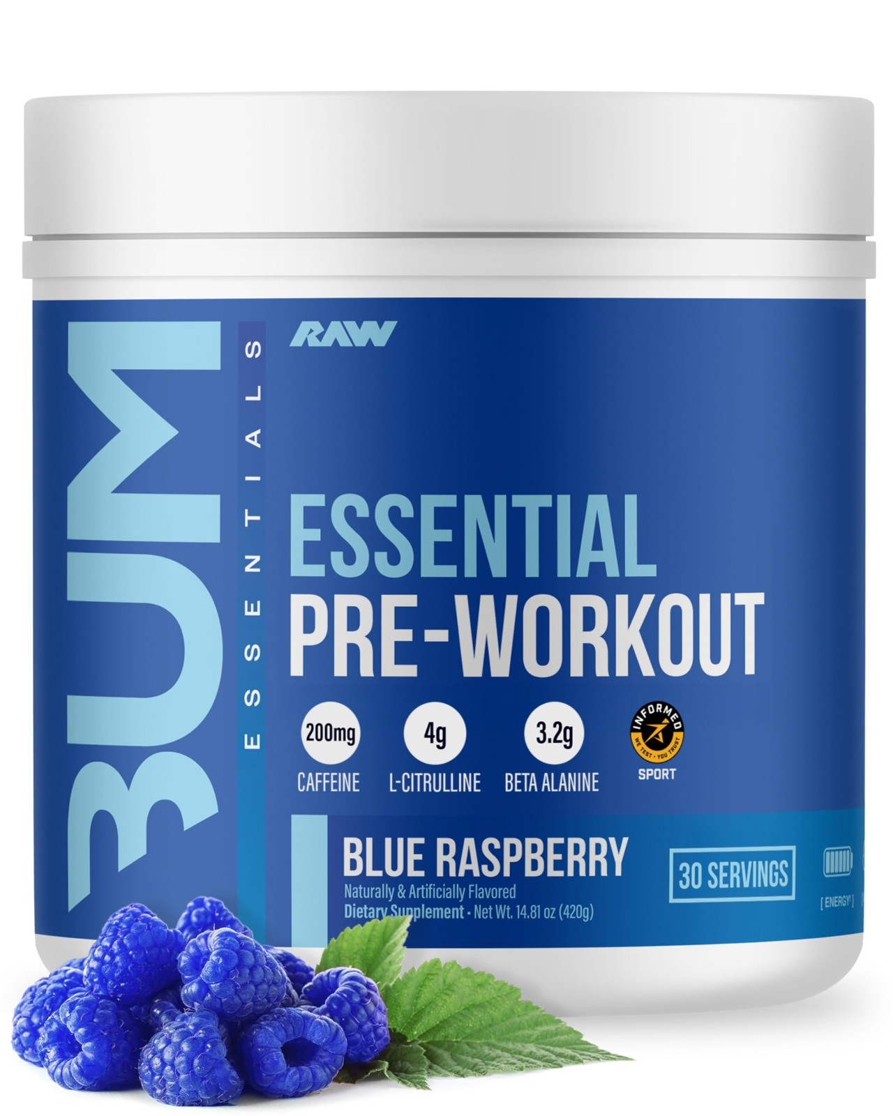 Essential Pre Workout Powder | Energy Drink for Men & Women | Blue Raspberry Fla