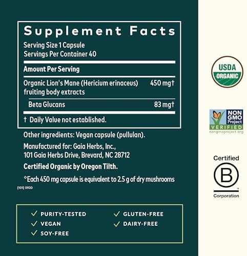 Gaia Herbs Lion’s Mane Mushroom – Brain Health Support* – 40 Vegan Capsules (40