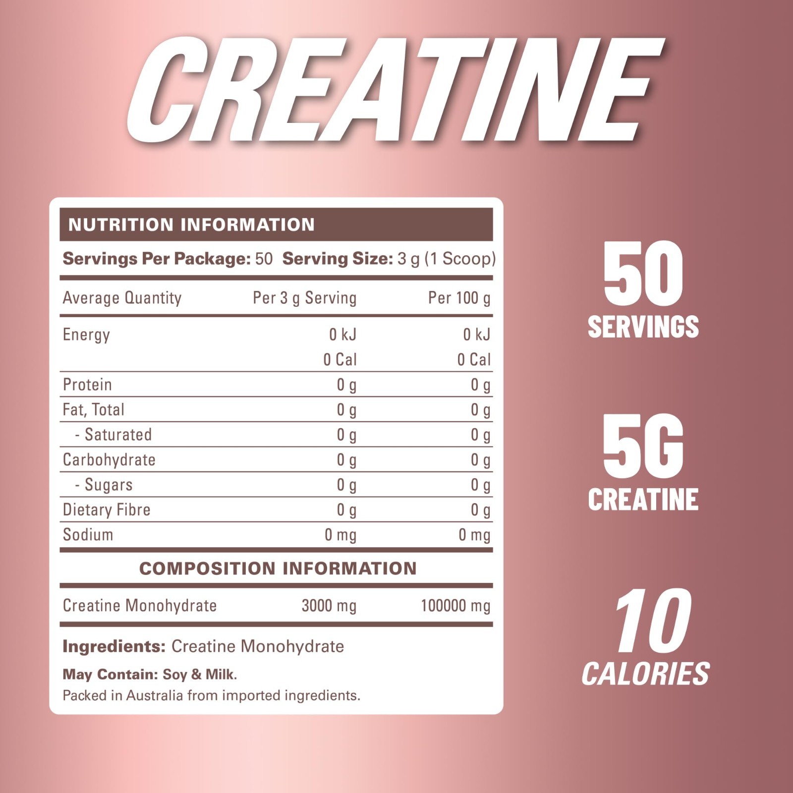 Micronized Creatine Monohydrate Powder, Unflavored, 250g – 50 Servings for Muscl