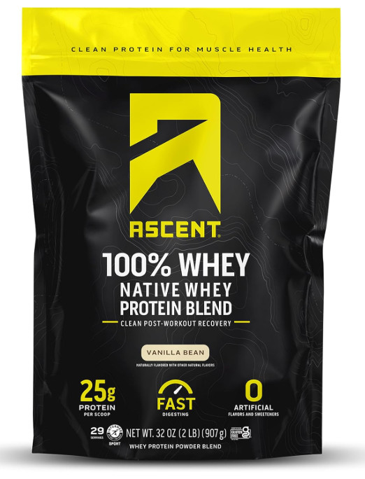 Ascent 100% Whey Protein Isolate Powder Vanilla Bean 2 lb Post Workout Protein