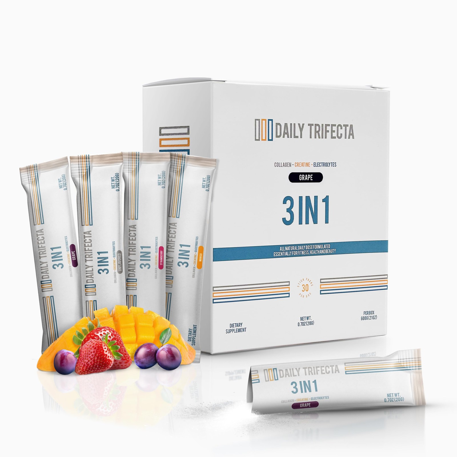 DAILY TRIFECTA 3-in-1 Collagen, Creatine Electrolyte Stick Packs | Type I Co…