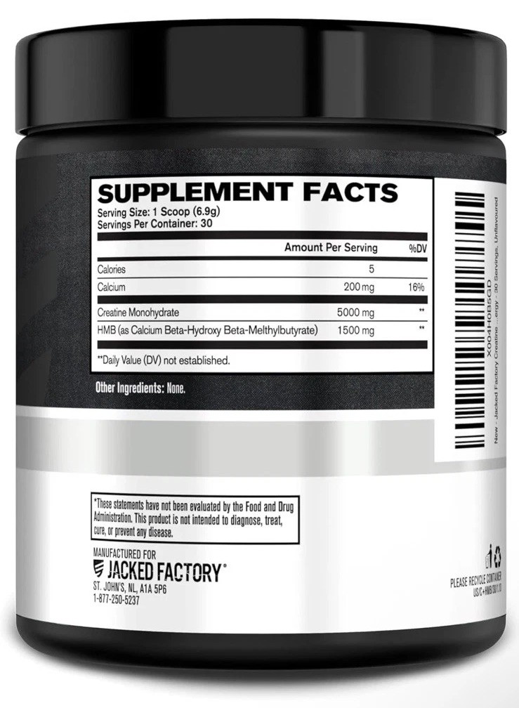 Jacked Factory Creatine Monohydrate & HMB Unflavored Powder 7.3 oz Exp. 9/2027