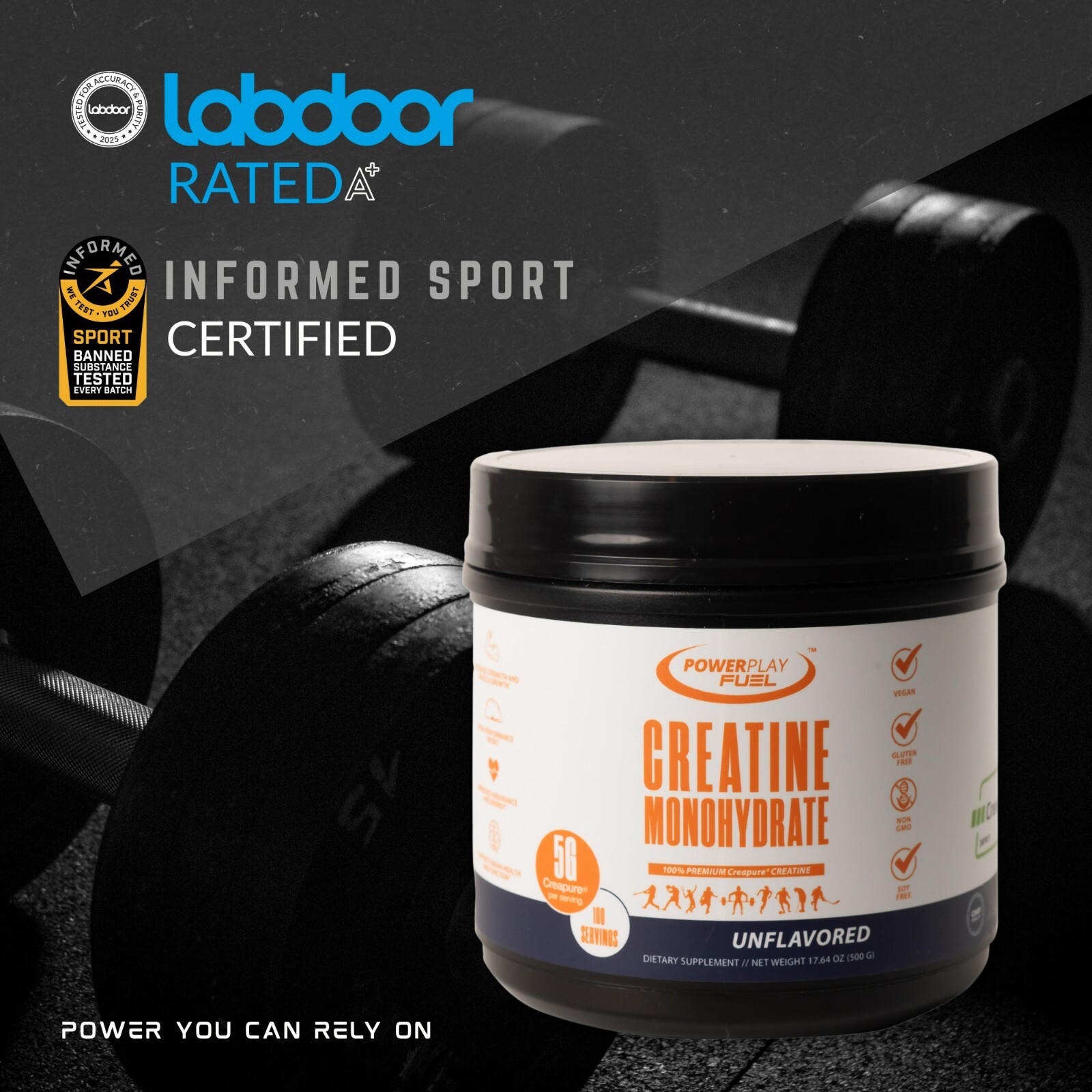Power Play Fuel CREATINE Monohydrate Powder, Non-GMO, Vegan – Unflavored