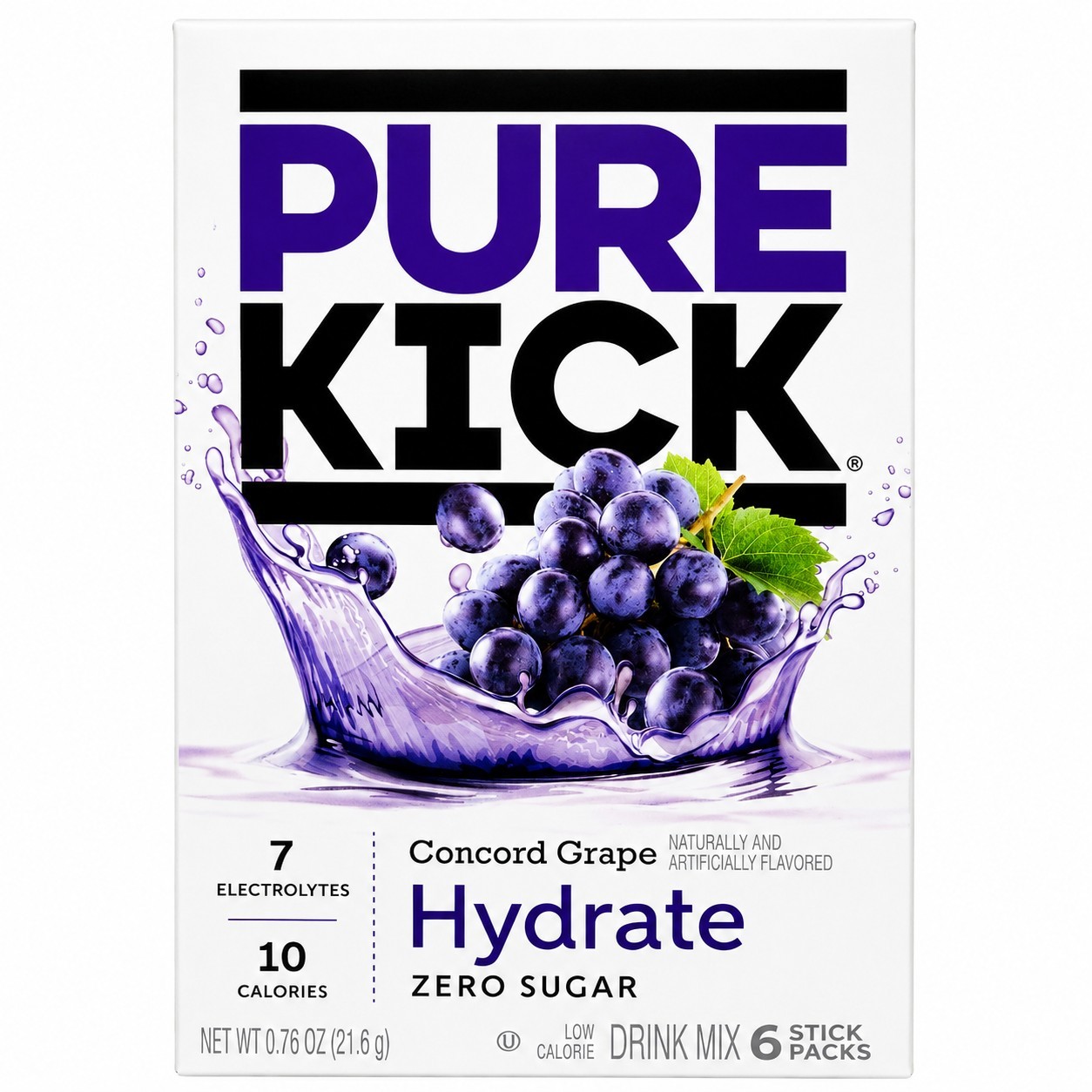 PURE KICK Concord Grape Zero Sugar Electrolyte Drink Mix Water Enhancer 36