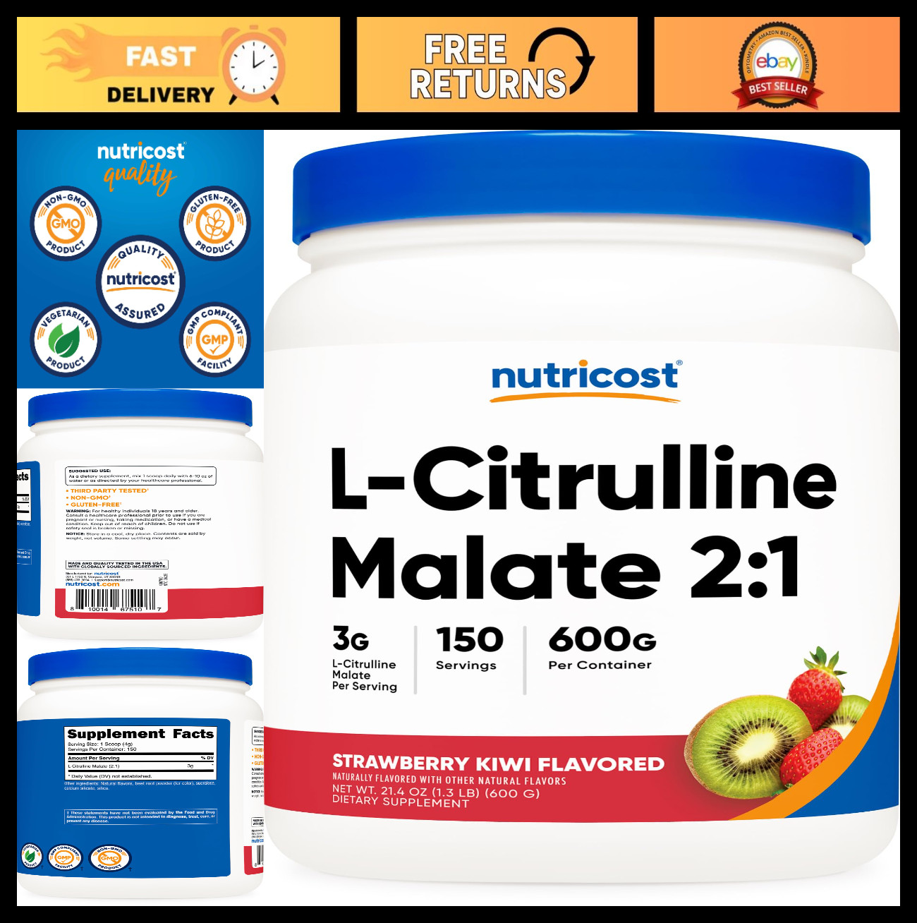 L-Citrulline Malate 2:1 Powder – 600g Strawberry Kiwi Flavor – Muscle Recovery &