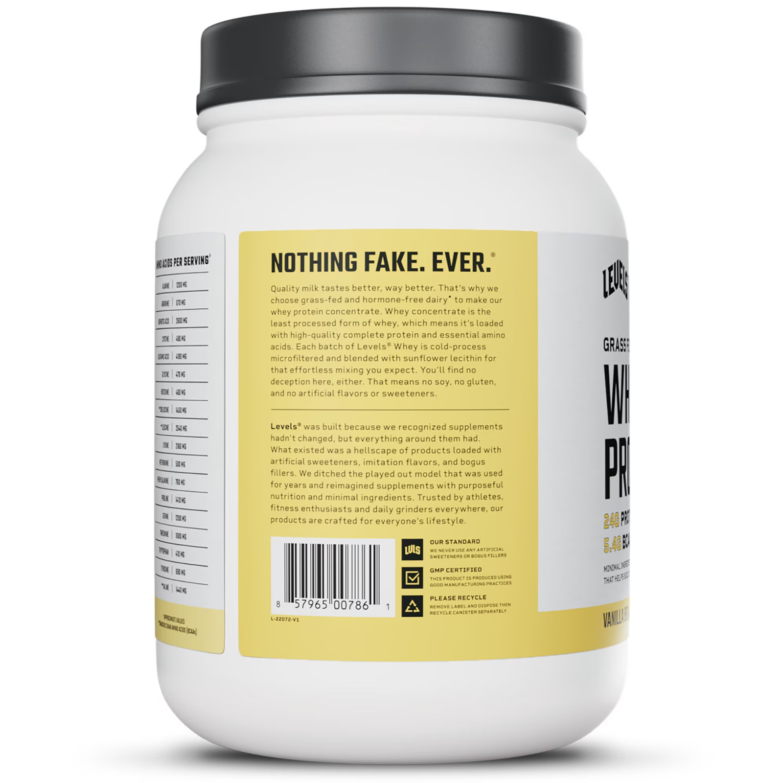 Levels Grass Fed Whey Protein Powder, No Artificials 24G of Protein Vanilla Be