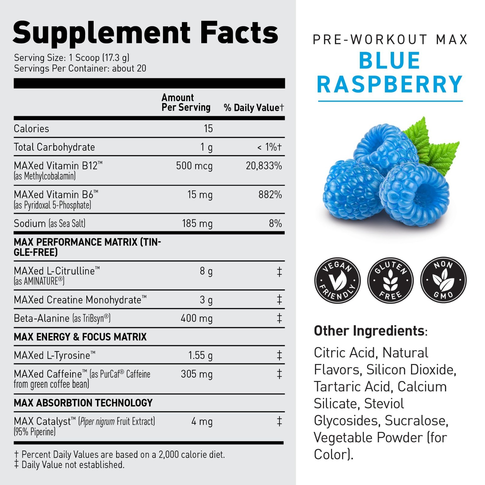 High-Stim Pre-Workout Powder – Blue Raspberry, 305mg Caffeine, Creatine & L-Citr