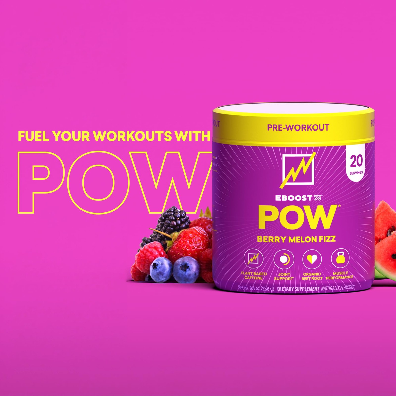 EBOOST POW Natural Pre 20 Servings (Pack of 1), Berry Melon Fizz 20