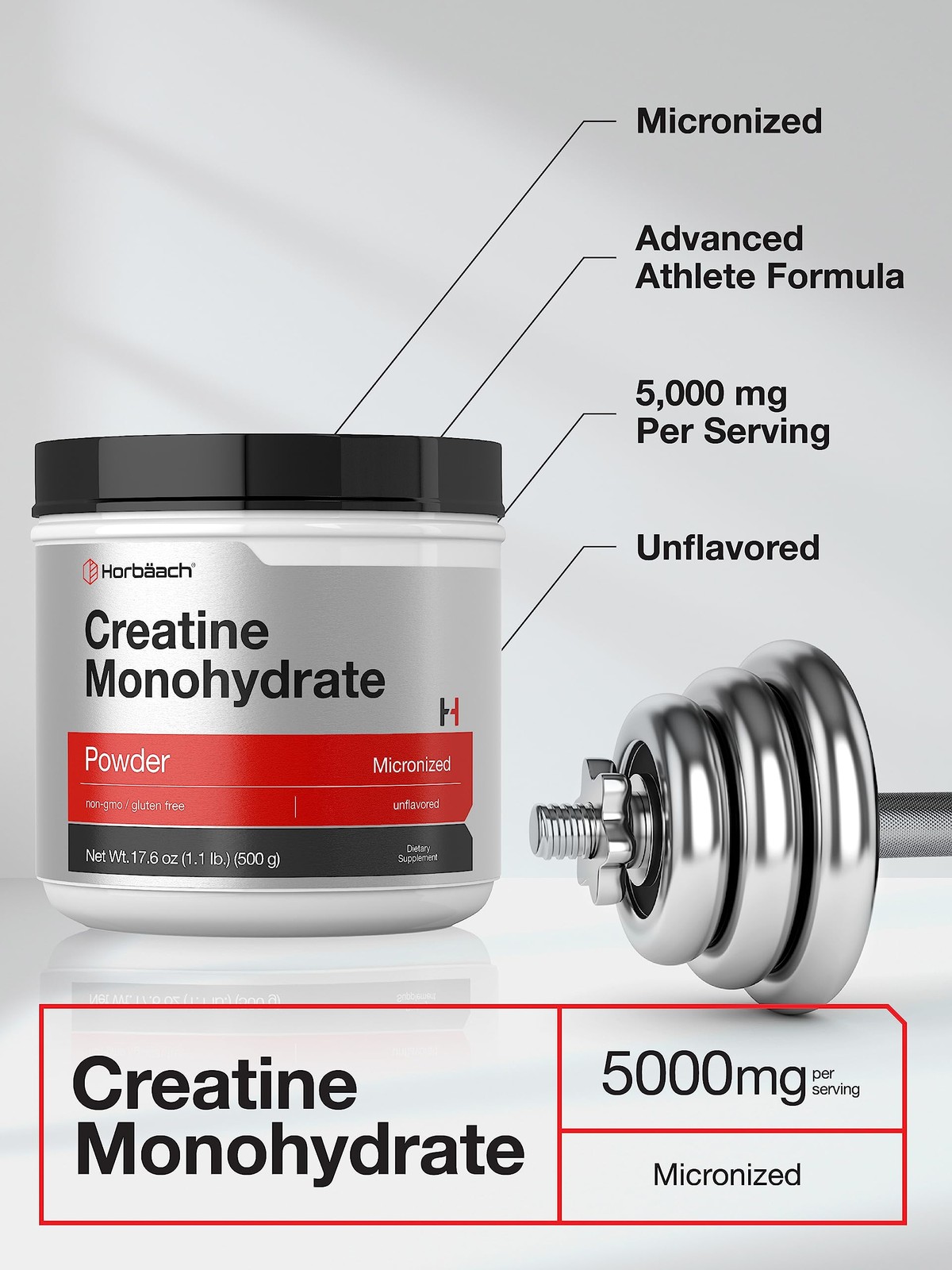 Horbäach Creatine Monohydrate Powder | 1.1lb (17.6 oz) 1.1 Pound (Pack of 1)