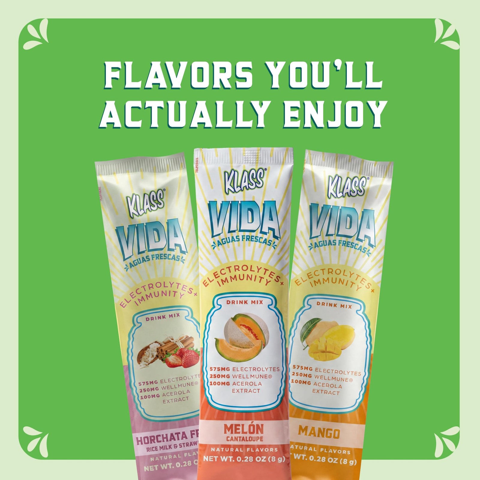 Klass Vida Hydration Immunity Variety Pack Mango Strawberry Horchata Cantaloupe
